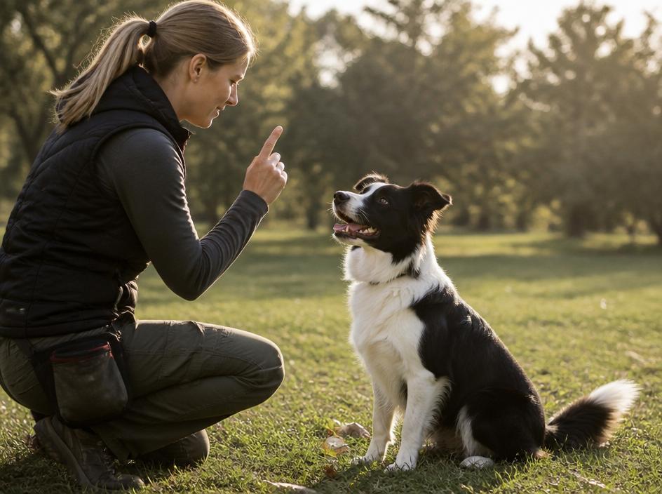 Adiestrador profesional entrenando a un border collie en un parque